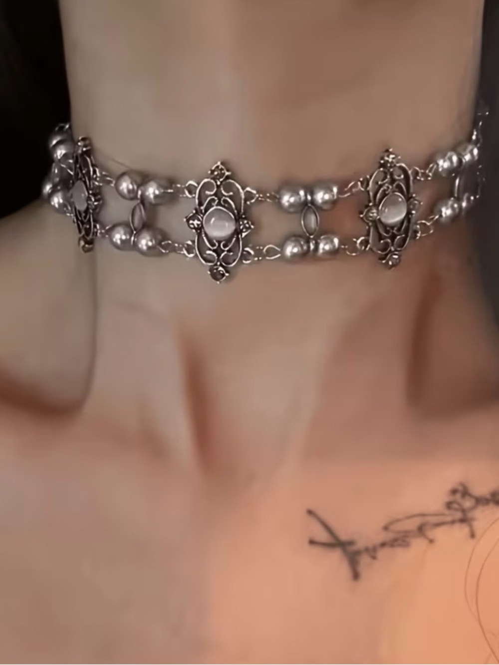 Double-Row Silver Filigree Pearl Choker Necklace